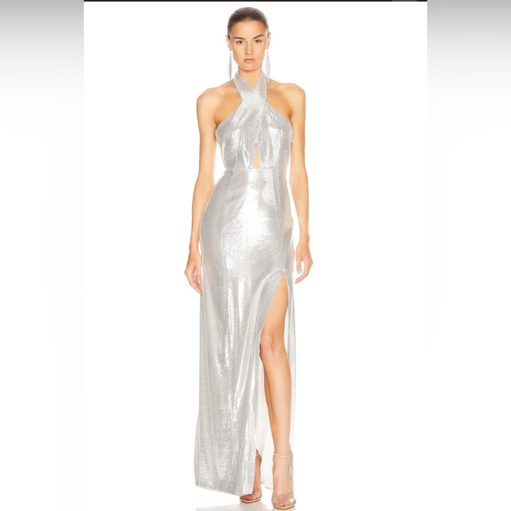 Galvan Silver Halter Gown